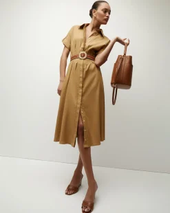 Veronica Beard Dresses>Adavi Khaki Linen Shirt Dress