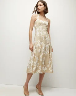 Veronica Beard Dresses>Amalia Stretch-Linen Dress in Stone Khaki/Off-White