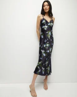 Veronica Beard Dresses>Bixie Stretch-Silk Slip Dress in Navy Multi