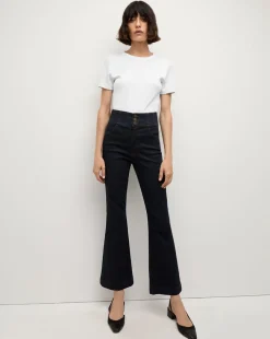 Veronica Beard Jeans>Carson Corset Waist Kick-Flare Jean in Indigo Rinse