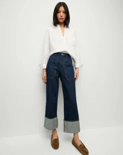 Veronica Beard Jeans>Dylan Cuffed Straight-Leg Jeans in Indigo Denim