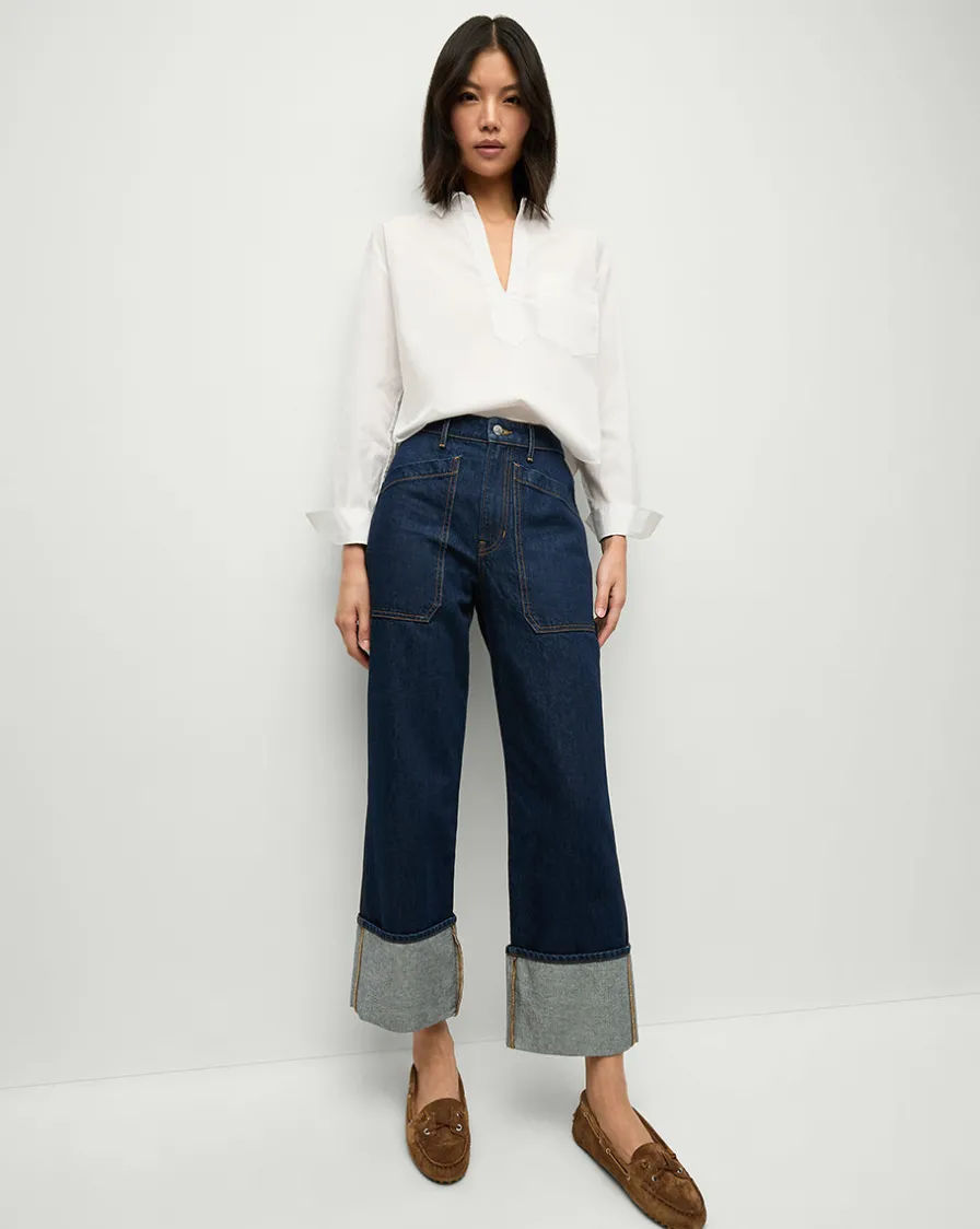 Veronica Beard Jeans>Dylan Cuffed Straight-Leg Jeans in Indigo Denim