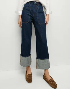 Veronica Beard Jeans>Dylan Cuffed Straight-Leg Jeans in Indigo Denim