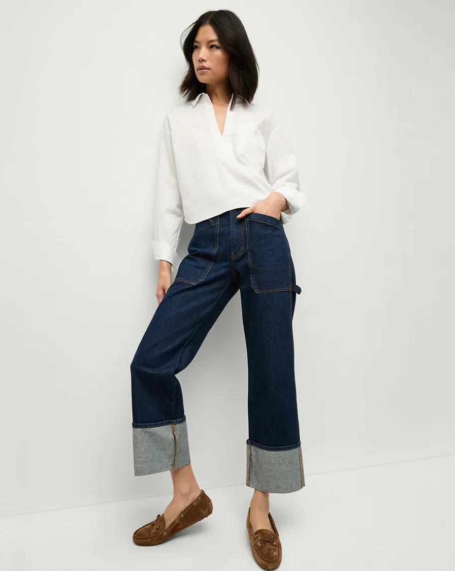 Veronica Beard Jeans>Dylan Cuffed Straight-Leg Jeans in Indigo Denim