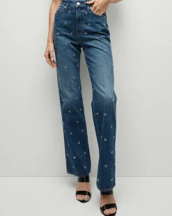 Veronica Beard Jeans>Dylan Grommet Straight-Leg Jeans in Blue Denim