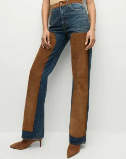 Veronica Beard Jeans|Matching Sets>Dylan Suede-Patchwork Straight-Leg Jean in Equinox Blue