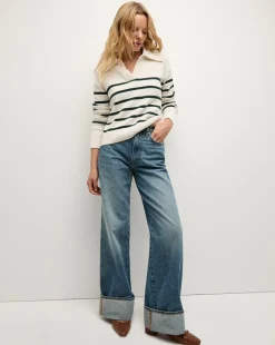 Veronica Beard Sweaters|Tops>Jovie Striped V Neck Sweater in Ivory & Green