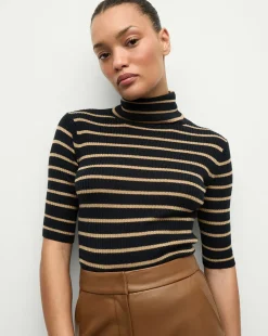 Veronica Beard Tops|Sweaters>Katrina Merino Wool Striped Sweater in Navy & Khaki