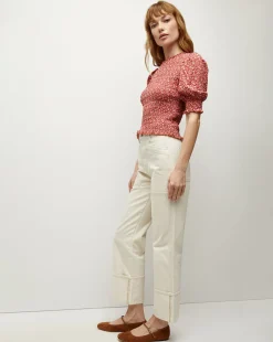Veronica Beard Tops>Langston Smocked Top in Brick Red/White