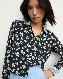 Veronica Beard Tops>Maia Floral Silk Double-Collar Shirt in Navy Multi