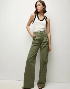 Veronica Beard Pants>Mia Wide-Leg Pleated Pant in Stone Army