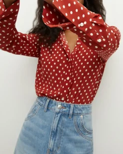 Veronica Beard Tops>Monique Polka-Dot Top in Brick Red/Ecru