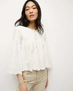 Veronica Beard Tops>Quimby Bell-Sleeve Cotton Peplum Top