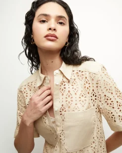 Veronica Beard Dresses>Rafaela Cotton Eyelet Shirtdress in Stone Khaki