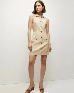 Veronica Beard Dresses>Roxanne Stretch-Linen Shirtdress in Stone Khaki