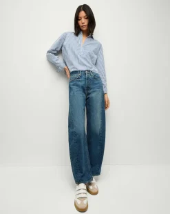 Veronica Beard Jeans>Ryder Saddle Jean in Blue Denim | Barrel Jeans