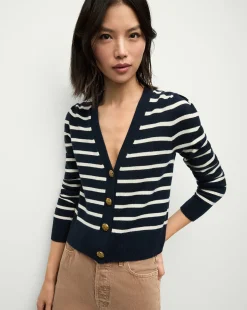 Veronica Beard Sweaters|Tops>Solene Cashmere Striped Cardigan in Navy