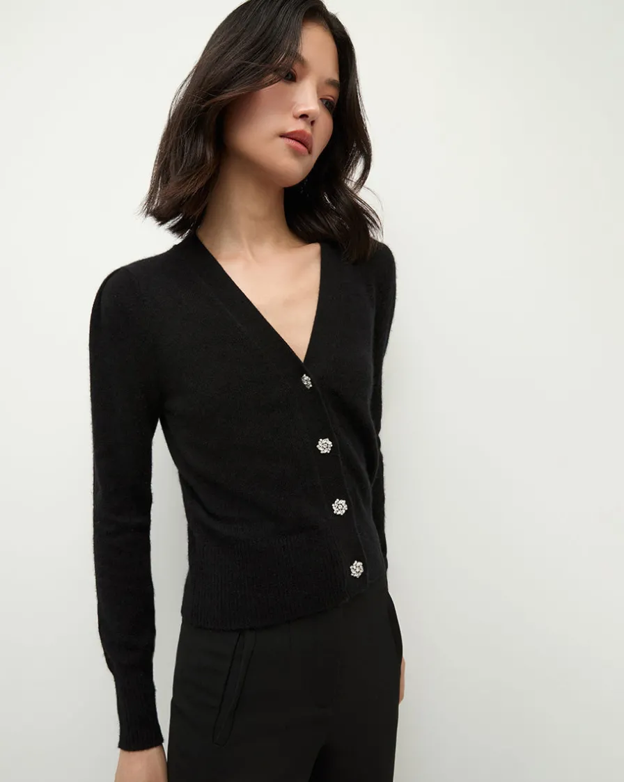 Veronica Beard Sweaters|Tops>Solene Rhinestone-Button Cashmere Cardigan in Black