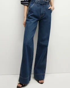 Veronica Beard Jeans>Taylor Belted Wide-Leg Jean in Dusted Oxford